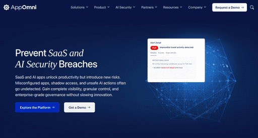 AppOmni homepage with the headline “Prevent SaaS and AI Security Breaches” on a dark blue background
