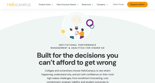HelioCampus homepage with a lightbulb illustration and the headline “Built for the decisions you can’t afford to get wrong”