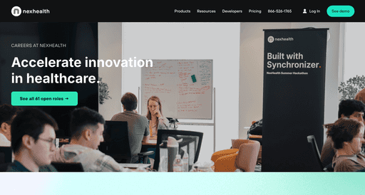 NexHealth careers page with the headline “Accelerate innovation in healthcare” over a photo of the team at work